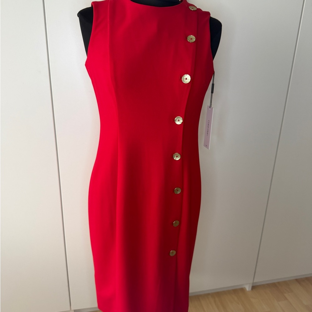 Calvin Klein Red Sleeveless Sheath Dress with Gold Buttons NWT size 6